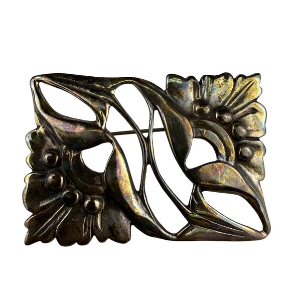Antique Floral Brass Pin Brooch For Women With Art Nouveau Style & Nature Motif - Picture 1 of 4